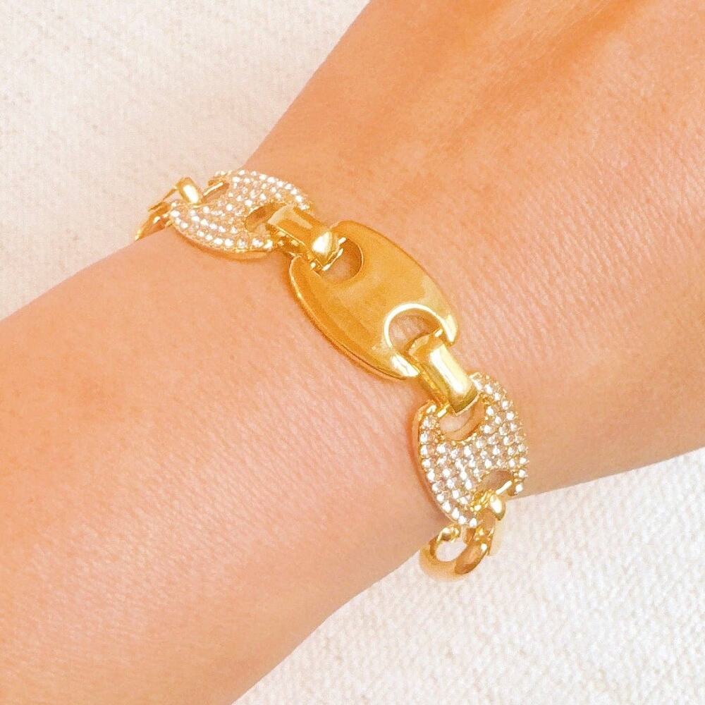 Majestic Pave Gold Western Equestrian Horse Bit Anchor or Mariner Link Bracelet